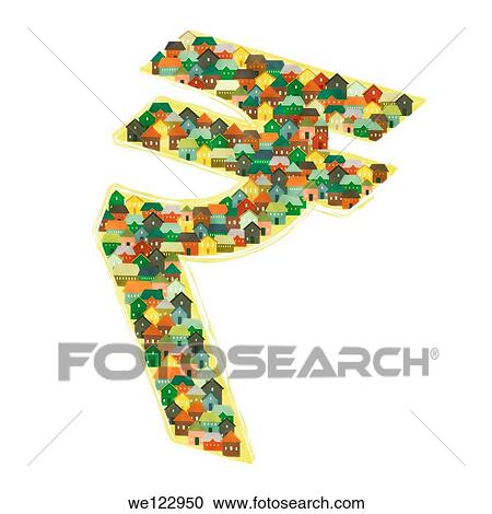Stock Image - Illustration of colorful houses forming Rupee symbol over white background. Fotosearch