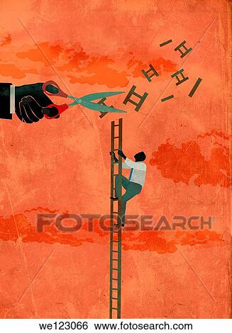 Stock Photograph - Illustration of determined businessman climbing ladder while hand cutting the way to sky. Fotosearch
