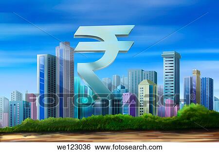 Stock Photograph - Illustration of financial district with Indian Rupee symbol. Fotosearch