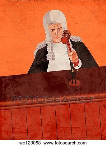Stock Photo - Illustration of judge with mallet hitting a guilty man. Fotosearch