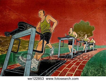 Stock Image - Illustration of people running on treadmill for losing weight. Fotosearch