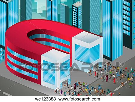 Illustration of people running towards magnet shaped building View Large Photo Image Stock Photo - Illustration of people running towards magnet shaped building. Fotosearch