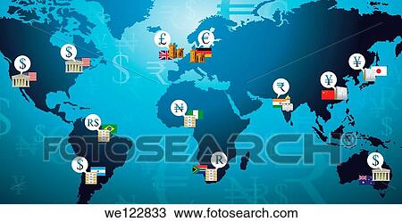 Stock Image - Illustration shot of currency symbols representing countries in a world map. Fotosearch