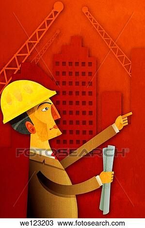 Illustrative image of an engineer holding blueprints View Large Photo Image Stock Image - Illustrative image of an engineer holding blueprints. Fotosearch