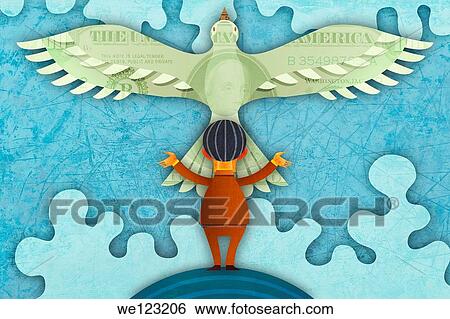 Illustrative image of businessman and bird with money impression representing hope View Large Photo Image Stock Photograph - Illustrative image of businessman and bird with money impression representing hope. Fotosearch