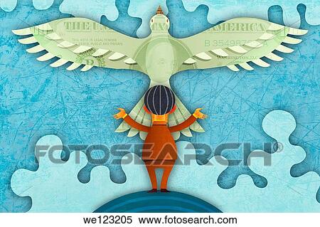 Illustrative image of businessman and bird with money impression representing hope View Large Photo Image Stock Photography - Illustrative image of businessman and bird with money impression representing hope. Fotosearch