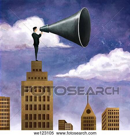 Illustrative image of businessman on top of building holding mega phone representing leadership View Large Photo Image Stock Photography - Illustrative image of businessman on top of building holding mega phone representing leadership. Fotosearch