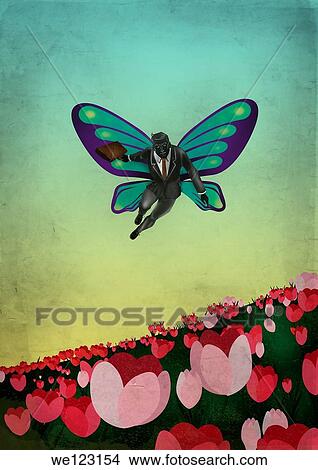 Picture - Illustrative image of businessman flying with butterfly´s wings over flowers representing business venture. Fotosearch