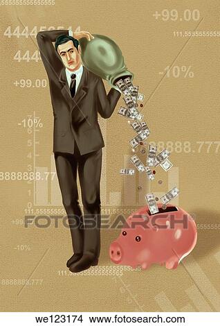 Illustrative image of businessman dropping money in piggy bank View Large Photo Image Picture - Illustrative image of businessman dropping money in piggy bank. Fotosearch