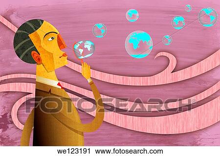 Stock Image - Illustrative image of businessman blowing bubbles representing global aim. Fotosearch