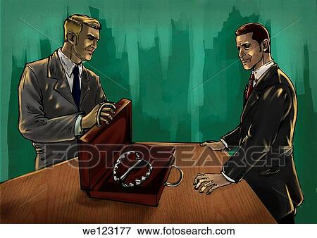 Illustrative image of businessman showing product to partner representing false advertisement View Large Photo Image Stock Photo - Illustrative image of businessman showing product to partner representing false advertisement. Fotosearch