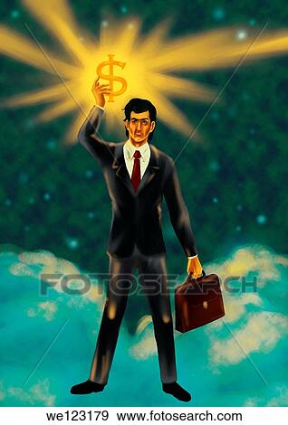 Illustrative image of businessman holding dollar sign representing victory View Large Photo Image Stock Photo - Illustrative image of businessman holding dollar sign representing victory. Fotosearch