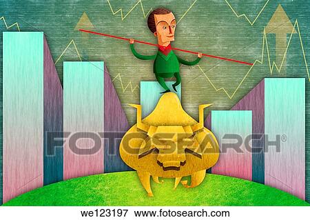 Illustrative image of businessman balancing himself on bull representing profit in bullish market View Large Photo Image Stock Photo - Illustrative image of businessman balancing himself on bull representing profit in bullish market. Fotosearch