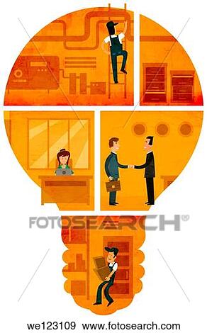 Illustrative image of businesspeople representing mechanism and ideas over white background View Large Photo Image Stock Photo - Illustrative image of businesspeople representing mechanism and ideas over white background. Fotosearch
