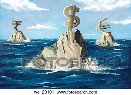 Illustrative image of currency symbols on rock in sea representing recession View Large Photo Image Stock Image - Illustrative image of currency symbols on rock in sea representing recession. Fotosearch