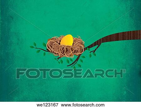 Illustrative image of golden egg in nest on branch representing investment View Large Photo Image Stock Photo - Illustrative image of golden egg in nest on branch representing investment. Fotosearch