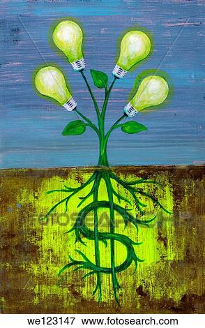 Illustrative image of lit light bulbs attached to plant representing ideas View Large Photo Image Stock Photo - Illustrative image of lit light bulbs attached to plant representing ideas. Fotosearch