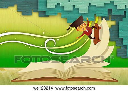 Illustrative image of male graduate skate boarding on an open book View Large Photo Image Picture - Illustrative image of male graduate skate boarding on an open book. Fotosearch