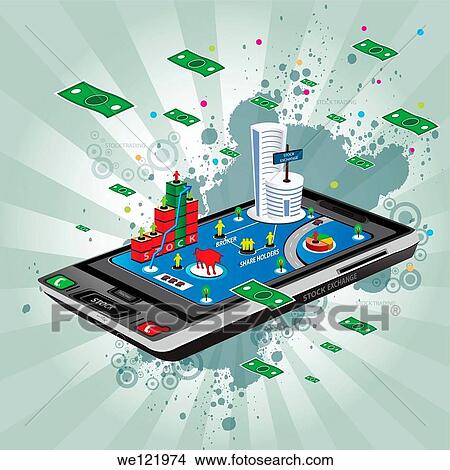 Picture - Illustrative representation showing the use of a mobile phone in stock trading. Fotosearch