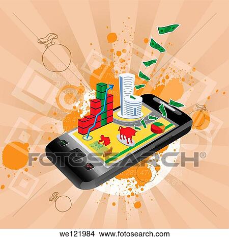 Illustrative representation showing the use of a mobile phone in stock trading View Large Photo Image Picture - Illustrative representation showing the use of a mobile phone in stock trading. Fotosearch