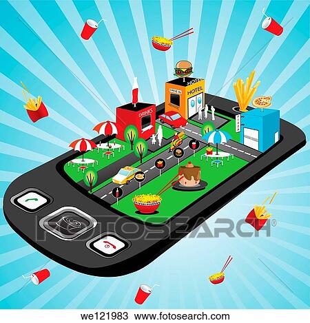 Stock Image - Illustrative representation showing the use of mobile phone to order for food. Fotosearch