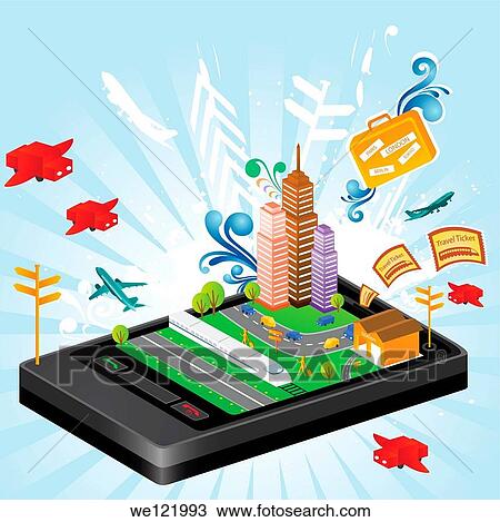 Stock Image - Illustrative representation showing the use of a mobile phone for planning travel. Fotosearch