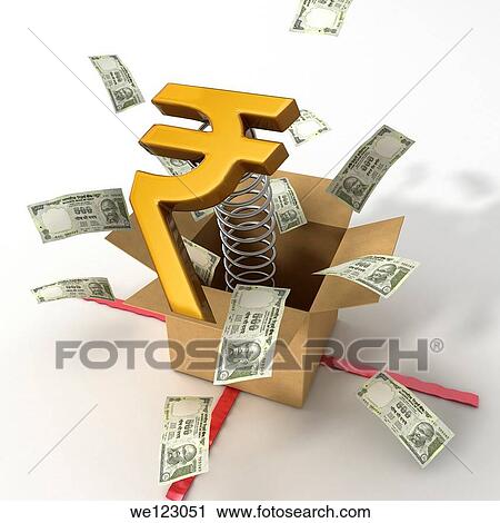 Indian currency notes bouncing out of box with a gold Rupee symbol on it View Large Photo Image Stock Image - Indian currency notes bouncing out of box with a gold Rupee symbol on it. Fotosearch