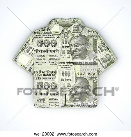 Stock Image - Indian five hundred Rupee note folded into the shape of a shirt and tie. Fotosearch