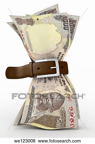 Stock Photo - Indian five hundred Rupee note tied up by a belt. Fotosearch