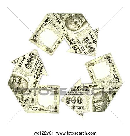 Stock Image - Indian five hundred rupee notes in form of recycling symbol. Fotosearch
