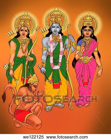 Lord Hanuman bowing to Lord Rama with Sita and Lakshmana View Large Photo Image Stock Photography - Lord Hanuman bowing to Lord Rama with Sita and Lakshmana. Fotosearch