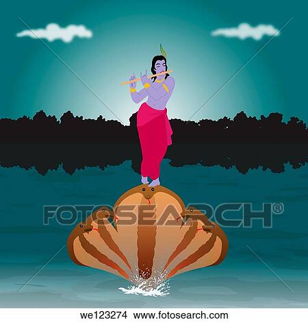 Picture - Lord Krishna playing flute on the head of Kaliya the cobra. Fotosearch