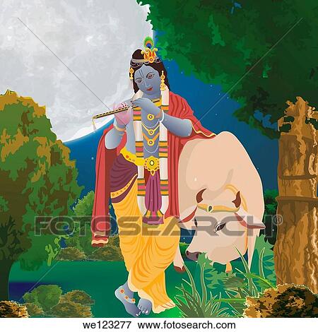 Lord Krishna playing flute with holy cow in a forest View Large Photo Image Stock Photo - Lord Krishna playing flute with holy cow in a forest. Fotosearch