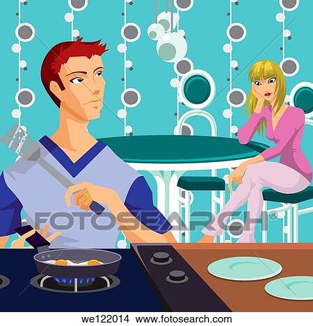 Picture - Man cooking omelet for his wife waiting in background. Fotosearch