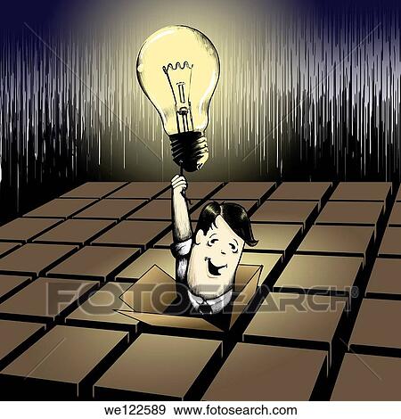 Man emerging from a box with a light bulb View Large Photo Image Stock Photo - Man emerging from a box with a light bulb. Fotosearch