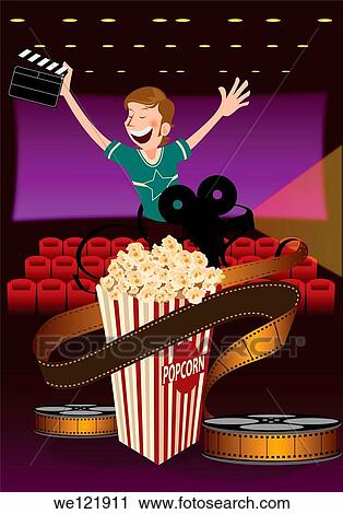 Stock Image - Man holding a film slate in a movie theater with popcorn and film projector. Fotosearch