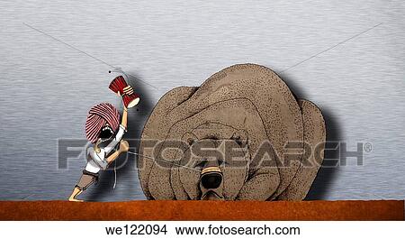 Picture - Man playing monkey drum to awake a sluggish bear. Fotosearch