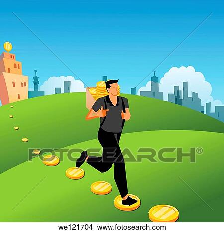 Picture - Man running with a bag of coins on his back. Fotosearch