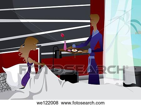 Stock Photo - Man serving tea to his wife on the bed. Fotosearch