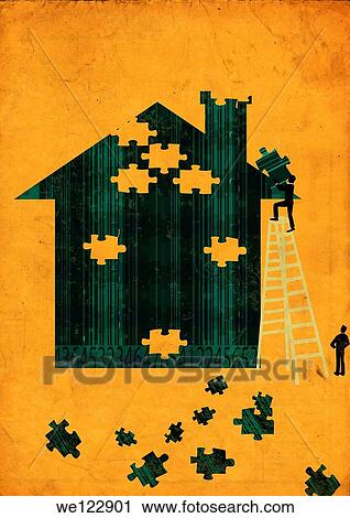 Men arranging jigsaw puzzle pieces to build a house View Large Photo Image Stock Image - Men arranging jigsaw puzzle pieces to build a house. Fotosearch