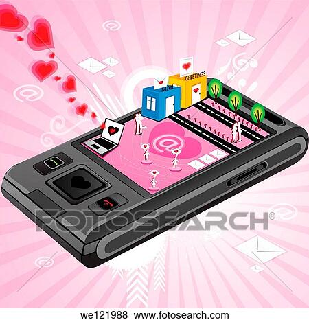 Stock Photo - Messages and greetings being transferred through mobile phone. Fotosearch