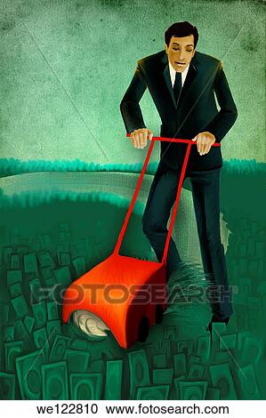 Mid adult man mowing in the lawn of paper currency View Large Photo Image Stock Image - Mid adult man mowing in the lawn of paper currency. Fotosearch