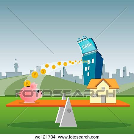 Model home and a piggy bank on a seesaw View Large Photo Image Picture - Model home and a piggy bank on a seesaw. Fotosearch