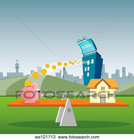 Model home and a piggy bank on a seesaw View Large Photo Image Stock Image - Model home and a piggy bank on a seesaw. Fotosearch