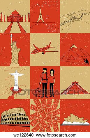 Stock Image - Montage illustration of wonders of the world. Fotosearch
