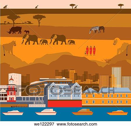 Montage of Cape Town waterfront with South African wildlife and tribal people View Large Photo Image Stock Photo - Montage of Cape Town waterfront with South African wildlife and tribal people. Fotosearch