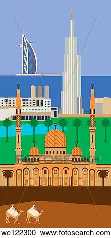 Stock Image - Montage of the tourist attractions of UAE along with camel safari, United Arab Emirates. Fotosearch