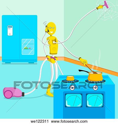 Multi-armed robot cleaning house, cooking food and talking on a mobile phone View Large Photo Image Stock Image - Multi-armed robot cleaning house, cooking food and talking on a mobile phone. Fotosearch