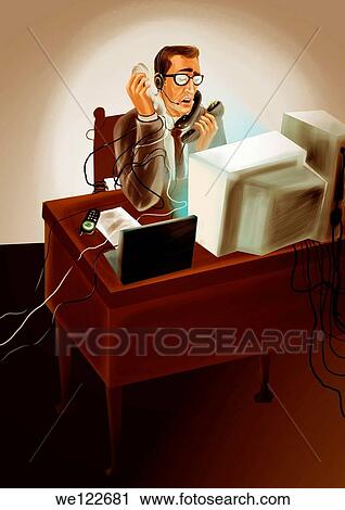Multi-tasking businessman talking on telephone in an office View Large Photo Image Stock Image - Multi-tasking businessman talking on telephone in an office. Fotosearch