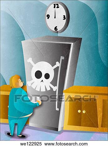 Obese man standing in front of refrigerator with a human skull on it View Large Photo Image Stock Photography - Obese man standing in front of refrigerator with a human skull on it. Fotosearch